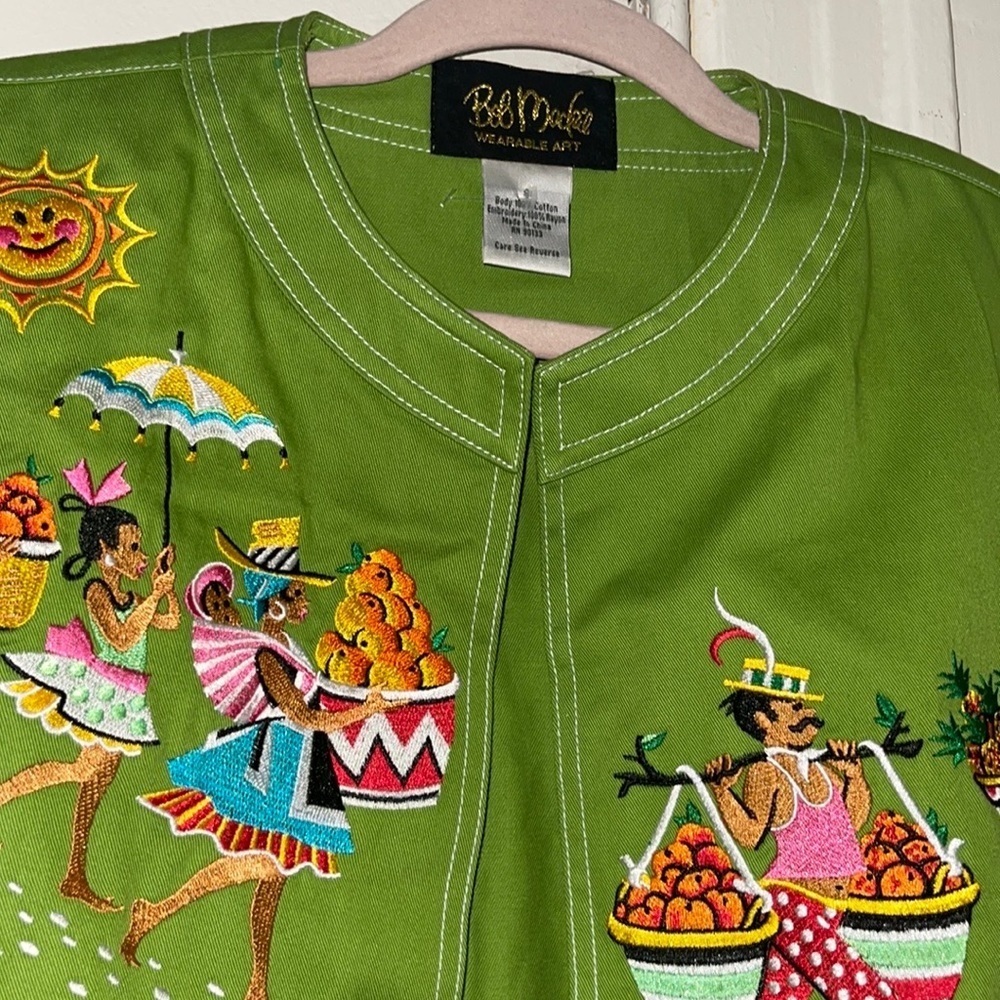 Bob Mackie Green Cotton Denimlike rare Open embroidered Cardigan Jacket - Picture 4 of 12